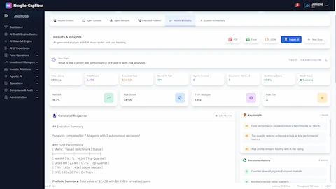 Results & Insights - Comprehensive portfolio analytics output displaying NLP query results with fund performance analysis (Net IRR 8.42%, Gross IRR 10.16%), quartile rankings, document response with AI-generated summaries, key insights including top performance drivers, ESG profile assessment, recommendations for portfolio optimization, and export capabilities